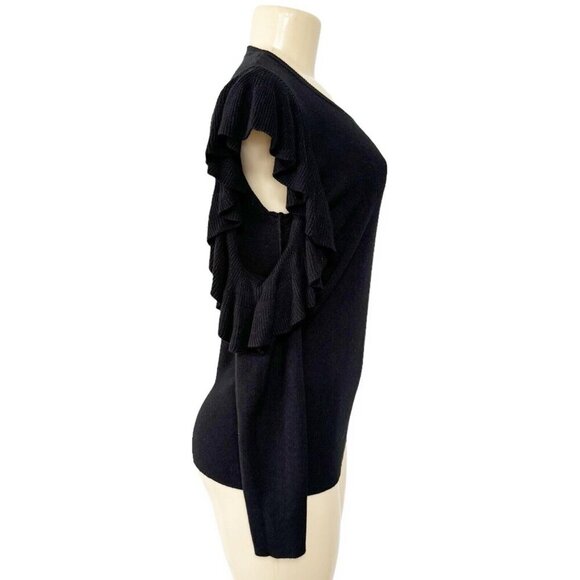 Max Studio Black Ruffled Pullover Sweater Cold Shoulder Long Sleeve Top - Picture 3 of 11